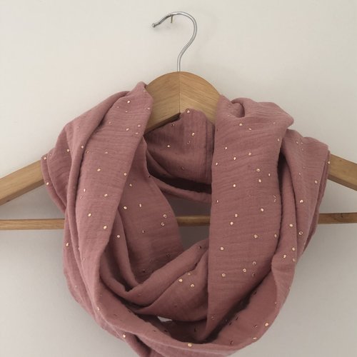 Tour de cou en double gaze de coton vieux rose pois dorés