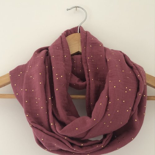Tour de cou en double gaze de coton vieux rose foncé pois dorés