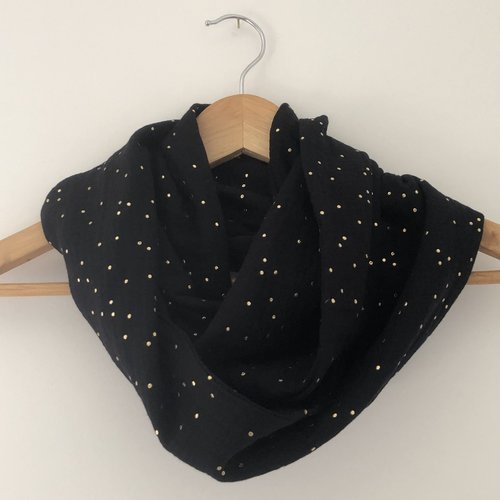Tour de cou en double gaze de coton noir pois dorés
