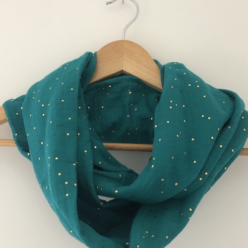 Tour de cou en double gaze de coton émeraude pois dorés