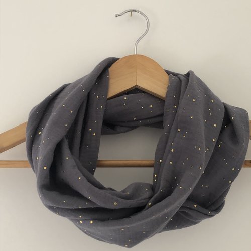 Tour de cou en double gaze de coton gris foncé pois dorés
