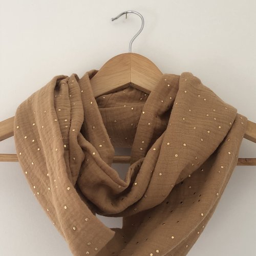 Tour de cou en double gaze de coton camel  pois dorés