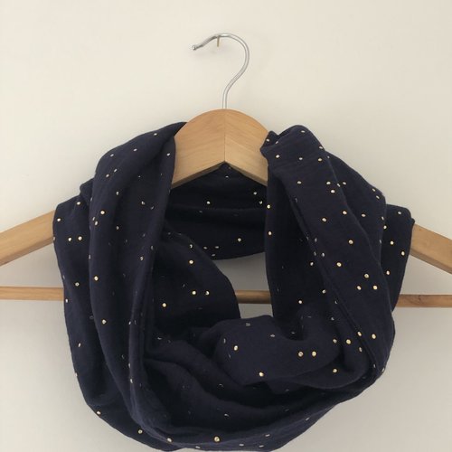 Tour de cou en double gaze de coton bleu marine  pois dorés