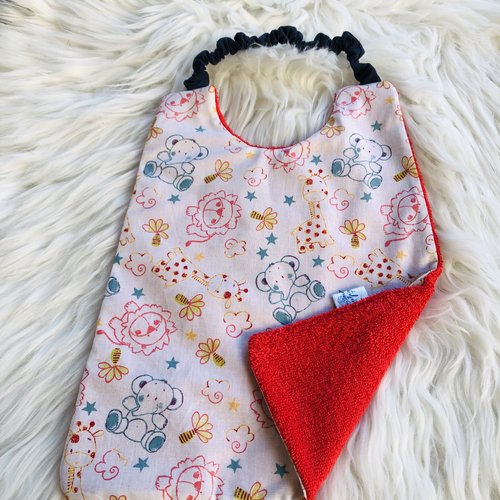 Serviette de cantine / grand bavoir motifs jungle sur fond blanc