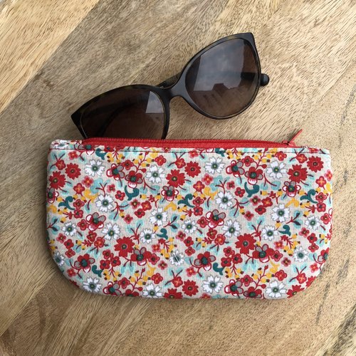 Trousse / étui à lunettes en coton imprimé motifs fleuris ton rouge