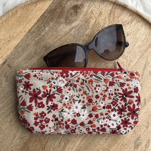 Trousse / étui à lunettes en toile de coton motifs fleuris rouge