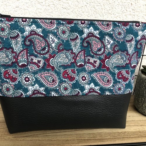 Trousse pochette en coton motifs cachemire et simili cuir