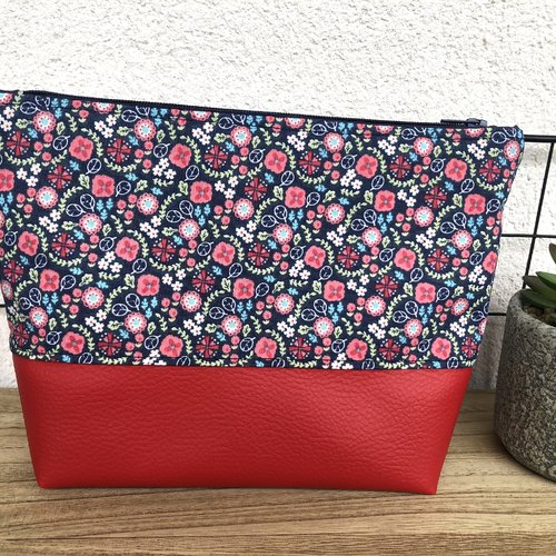 Trousse pochette en coton motifs fleuris et simili cuir
