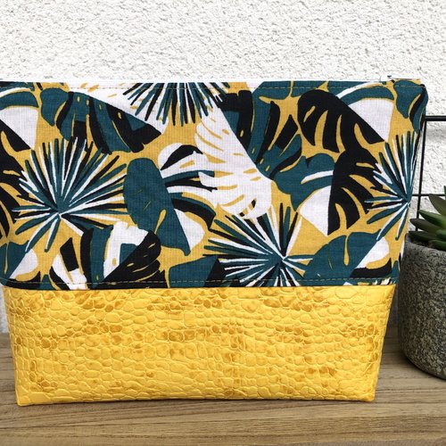 Trousse pochette en coton motifs tropicaux et simili cuir