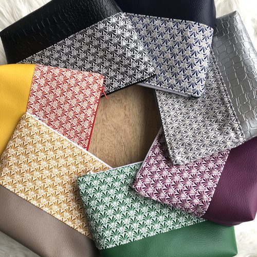 Trousse pochette en coton motifs éventails et simili cuir