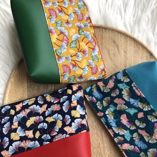 Trousse pochette en coton fleur de ginkgo et simili cuir