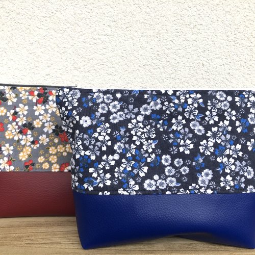 Trousse pochette en coton fleuri et simili cuir