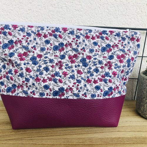 Pochette / trousse taille s en simili cuir et coton fleuri