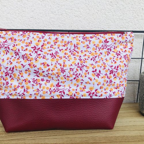 Pochette / trousse taille s en simili cuir et coton fleuri