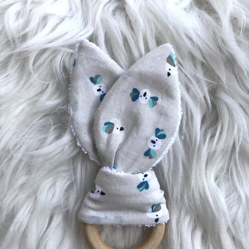 Anneau de dentition pour bébé en coton et éponge bambou motifs oiseaux