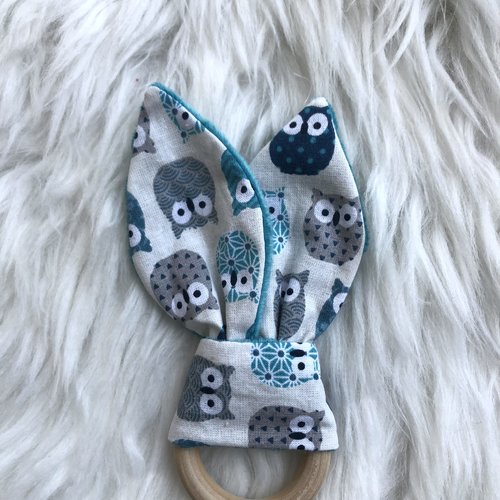 Anneau de dentition pour bébé en coton motifs chouettes