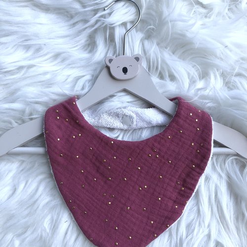 Bavoir/ bandana en coton double gaze framboise pois dorés
