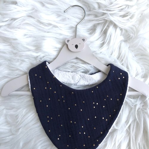 Bavoir/ bandana en coton double gaze bleu marine pois dorés