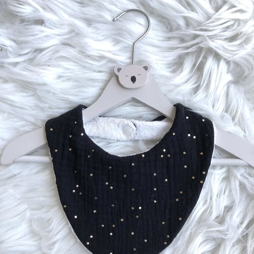 Bavoir/ bandana en coton double gaze noir pois dorés