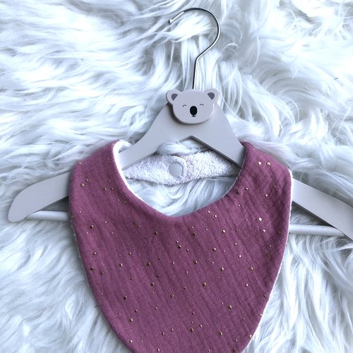 Bavoir/ bandana en coton double gaze vieux rose pois dorés