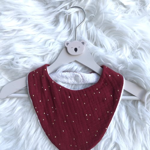 Bavoir/ bandana en coton double gaze bordeaux pois dorés