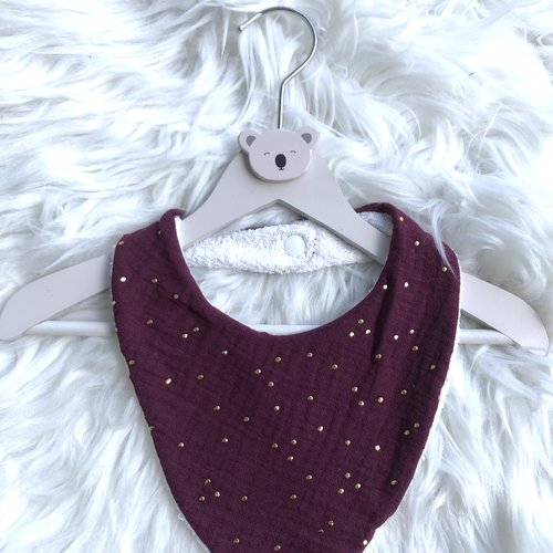Bavoir/ bandana en coton double gaze grenat pois dorés