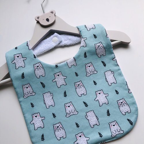 Joli bavoir en éponge et tissu coton motifs ours blanc