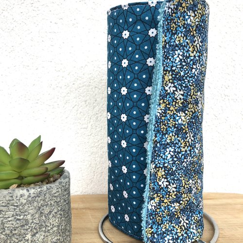 Essuie tout en coton et éponge 6 feuilles motifs bleus