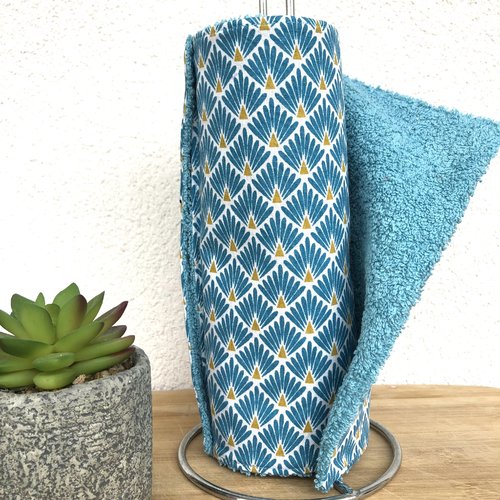 Essuie tout en coton et éponge 6 feuilles motifs bleus