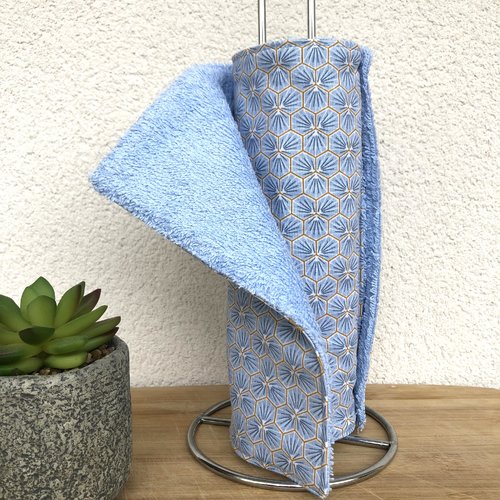 Essuie tout en coton et éponge 3 feuilles motifs bleu ciel