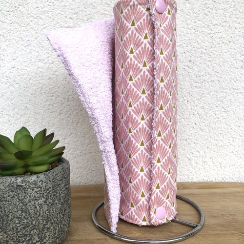 Essuie tout en coton et éponge 3 feuilles motifs rose