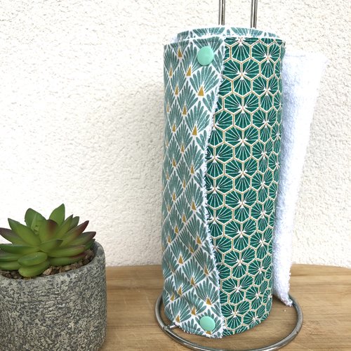 Essuie tout en coton et éponge 6 feuilles motifs vert