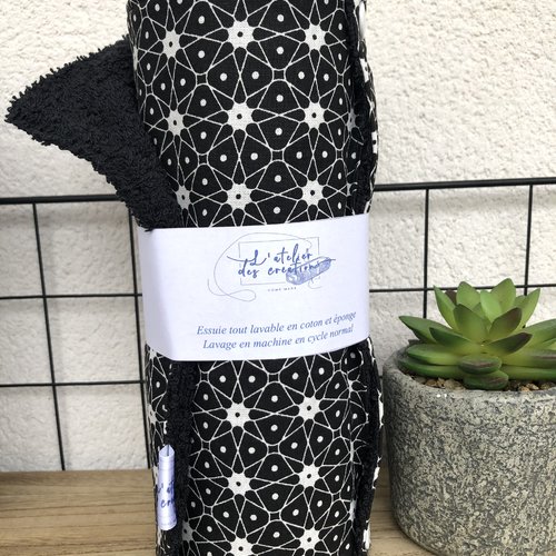 Essuie tout en coton et éponge 8 feuilles motifs céramique noir