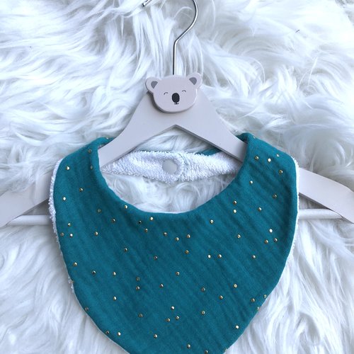 Bavoir/ bandana en coton double gaze émeraude pois dorés