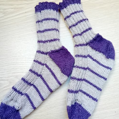 Chaussettes en laine tricot main,  38-39, beige et violet
