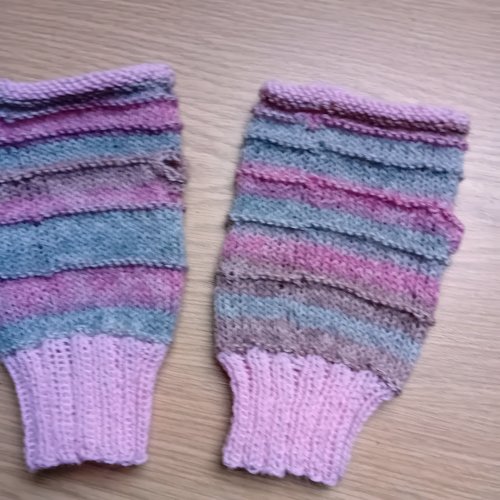 Mitaines femme,  tricotées main, gants sans doigts, gris/rose