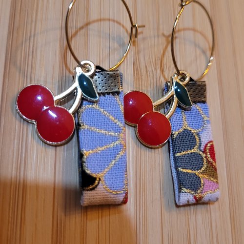 Boucles d'oreilles cerises, tissus fleuri