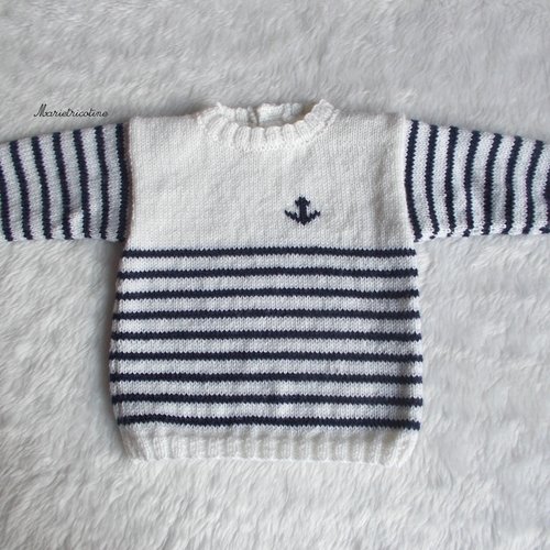 Pull Bebe Blanc Bleu Et Marine 12 Mois Style Marin Tricote Main Un Grand Marche