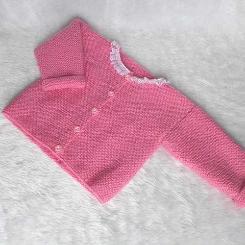 Gilet bébé rose 12 mois  tricoté main en laine acrylique