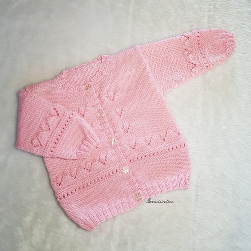 Gilet bébé rose 6 mois tricoté main en laine merinos - Un grand marché