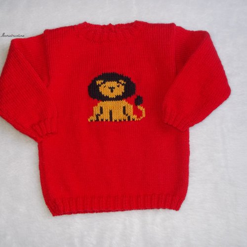 Pull enfant 2 ans tricoté main motif brodé lion