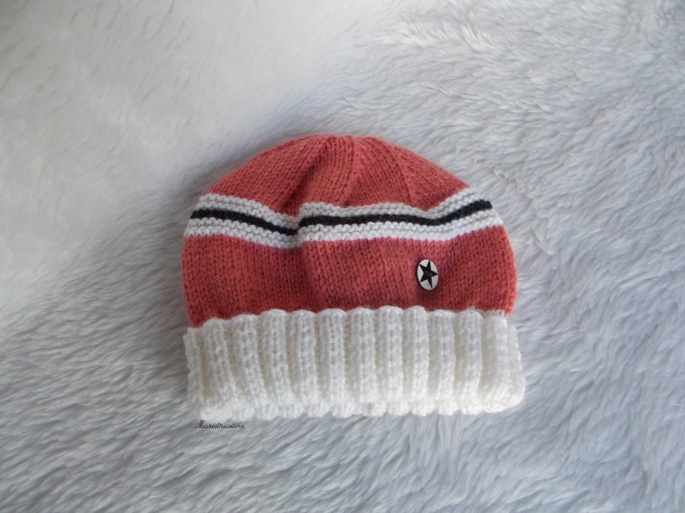 Bonnet bébé laine mérinos 0/3 mois blanc et corail tricoté main