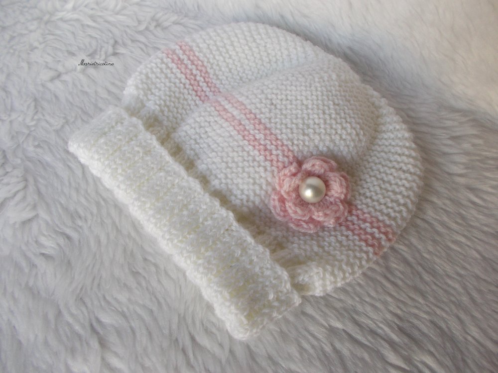 Bonnet bébé laine mérinos 0/3 mois gris blanc et rose petale tricoté