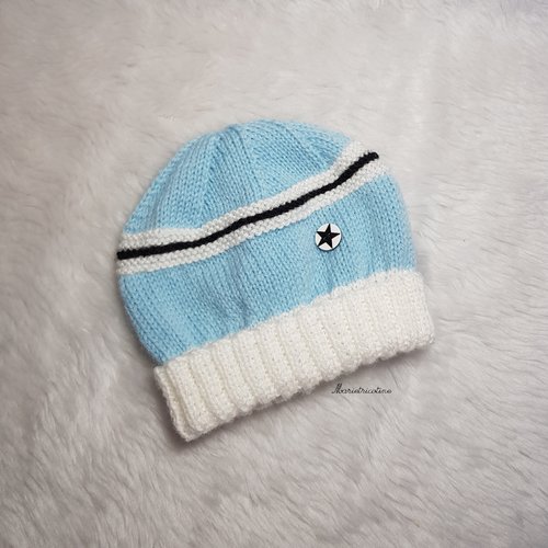 Bonnet bébé laine mérinos 0/3 mois blanc et bleu lagon tricoté main