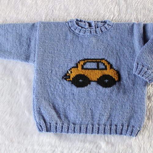 Pull bébé bleu lavande 6 mois tricoté main en laine merinos