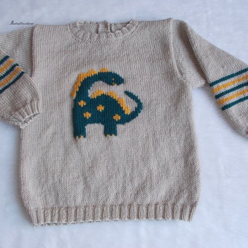 Pull enfant 4 ans tricoté main motif brodé dinosaure