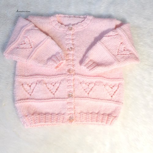 Gilet bébé rose 12 mois  tricoté main en laine