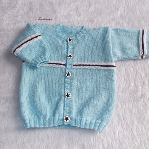 Gilet bébé bleu lagon 3 mois tricoté main en laine mérinos