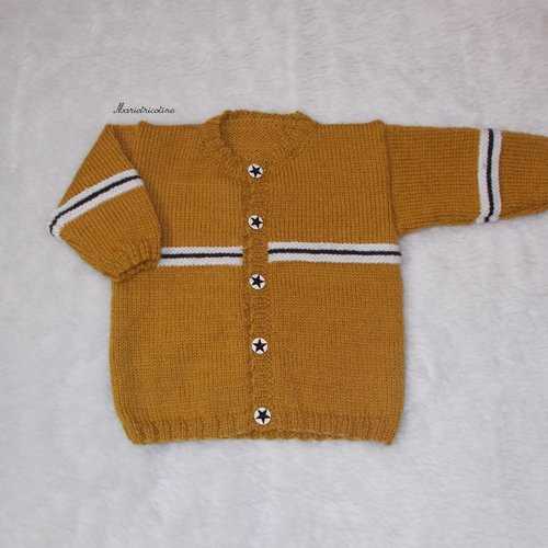 Gilet bébé moutarde 3 mois tricoté main en laine mérinos