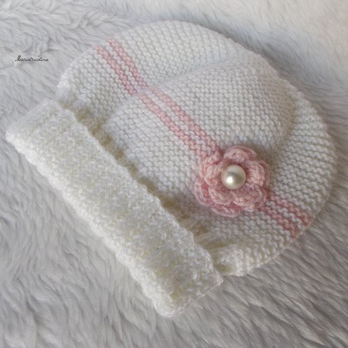 Bonnet bébé laine mérinos 0/3 mois gris blanc et rose petale tricoté main